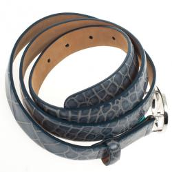 Pre Owned Giorgio Armani Blue Croc Embossed Logo Belt Size 46