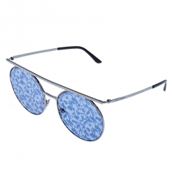 Pre Owned Giorgio Armani Gunmetal Tone/ Silver and Blue Flower Pad Print AR 6069 Round Sunglasses