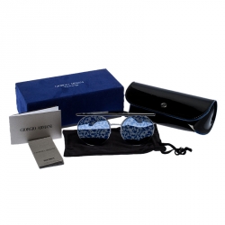 Pre Owned Giorgio Armani Gunmetal Tone/ Silver and Blue Flower Pad Print AR 6069 Round Sunglasses