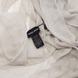 Pre Owned Giorgio Armani Beige Striped Logo Printed Silk Blend Scarf