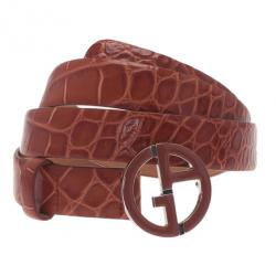 Pre Owned Giorgio Armani Orange Croc Embossed Enamel Logo Belt Size 46