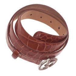 Pre Owned Giorgio Armani Orange Croc Embossed Enamel Logo Belt Size 46