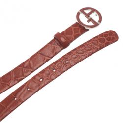 Pre Owned Giorgio Armani Orange Croc Embossed Enamel Logo Belt Size 46