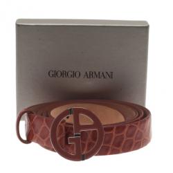 Pre Owned Giorgio Armani Orange Croc Embossed Enamel Logo Belt Size 46