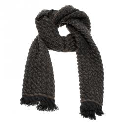 Pre Owned Giorgio Armani Brown and Grey Wool Logo Detail Woven Muffler