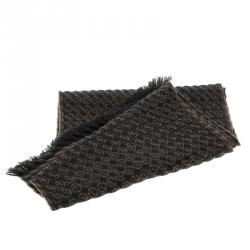 Pre Owned Giorgio Armani Brown and Grey Wool Logo Detail Woven Muffler