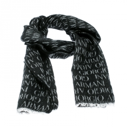 Pre Owned Giorgio Armani Black Logo Pattern Wool and Modal Jacquard Fringed Edge Scarf