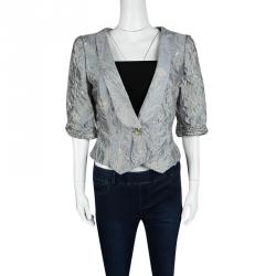 Pre Owned Giorgio Armani Grey Floral Jacquard Silk Embellished Cropped Jacket L