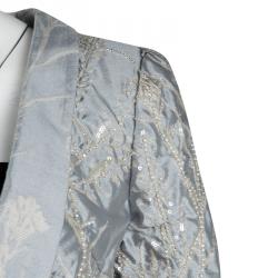 Pre Owned Giorgio Armani Grey Floral Jacquard Silk Embellished Cropped Jacket L