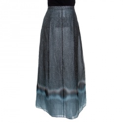 Pre Owned Giorgio Armani Grey and Blue Dotted Pleated Silk Maxi Skirt M