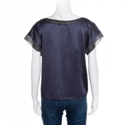 Pre Owned Giorgio Armani Navy Blue Mulberry Silk Satin Contrast Organza Trim Top L
