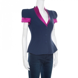 Pre Owned Giorgio Armani Navy Blue Silk Contrast Trim Detail Short Sleeve Jacket S