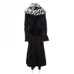 Giorgio Armani Black Sheared Mink Contrast Fox Collar Long Coat L