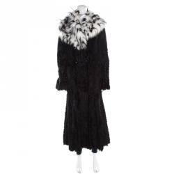 Giorgio Armani Black Sheared Mink Contrast Fox Collar Long Coat L