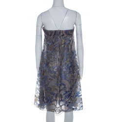 Pre Owned Giorgio Armani Blue Patterned Tulle Crystal Embellished Strapless Dress S