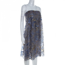 Pre Owned Giorgio Armani Blue Patterned Tulle Crystal Embellished Strapless Dress S