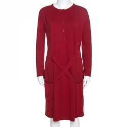Pre Owned Giorgio Armani Red Stretch Knit Belt Detail Dress M