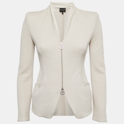 Pre Owned Giorgio Armani Cream Textured Stretch Cotton Double Zipper Jacket S
