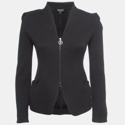 Giorgio Armani Black Textured Knit Double Zipper Tailored Jacket S