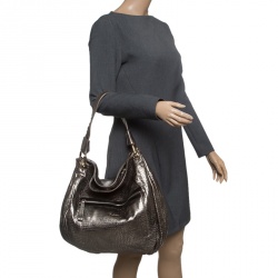 Pre Owned Giorgio Armani Metallic Silver Exotic Embossed Leather Hobo