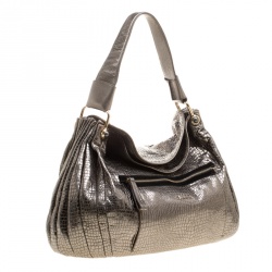 Pre Owned Giorgio Armani Metallic Silver Exotic Embossed Leather Hobo