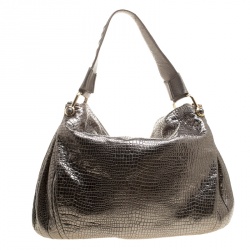 Pre Owned Giorgio Armani Metallic Silver Exotic Embossed Leather Hobo