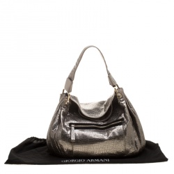 Pre Owned Giorgio Armani Metallic Silver Exotic Embossed Leather Hobo