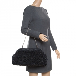 Pre Owned Giorgio Armani Black Raffle Straw Large Chain Clutch