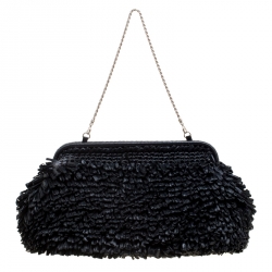 Pre Owned Giorgio Armani Black Raffle Straw Large Chain Clutch