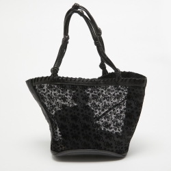 Giorgio Armani Black Monogram Mesh and Leather Fringe Bucket Bag 