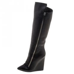 Pre Owned بوت للركبة جوسيبي زانوتي غواز كعب روكي جلد أسود مبطن فرو مقاس 38