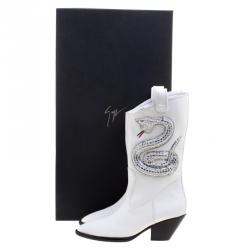 Pre Owned حذاء بوت جوسيبي زانوتي جان 55 كاوبوي مزين بثعبان جلد أبيض مقاس 38