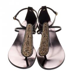 مملوكة مسبقًا Guiseppe Zanotti Black Crystal Studded Leather Thong Flat Sandals Size 36