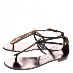 مملوكة مسبقًا Guiseppe Zanotti Black Crystal Studded Leather Thong Flat Sandals Size 36