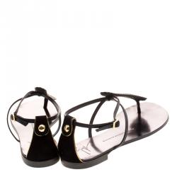 مملوكة مسبقًا Guiseppe Zanotti Black Crystal Studded Leather Thong Flat Sandals Size 36