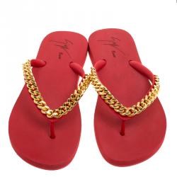 Pre Owned Giuseppe Zanotti Red Rubber Chain Detail Flip Flops Size 39