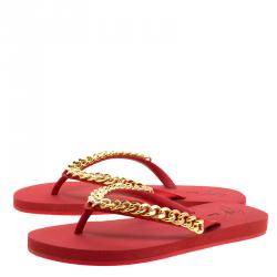 Pre Owned Giuseppe Zanotti Red Rubber Chain Detail Flip Flops Size 39