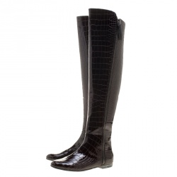 مملوكة مسبقًا بوت جوسيبي زانوتي رينغوتو جلد نقشة التمساح بني لامع فوق الركبة مقاس 38