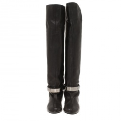 Pre Owned Giuseppe Zanotti Black Leather Logo Plaque Flat Over the Knee Boots Size 41