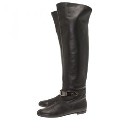 Pre Owned Giuseppe Zanotti Black Leather Logo Plaque Flat Over the Knee Boots Size 41