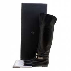 Pre Owned Giuseppe Zanotti Black Leather Logo Plaque Flat Over the Knee Boots Size 41