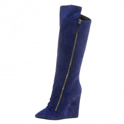 Pre Owned  Giuseppe Zanotti Blue Suede Guaz Fur Lined Wedge Knee Boots Size 38