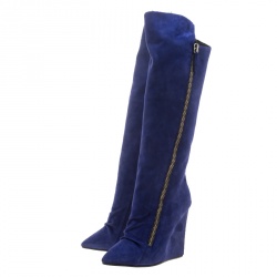 Pre Owned  Giuseppe Zanotti Blue Suede Guaz Fur Lined Wedge Knee Boots Size 38