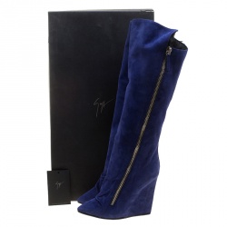 Pre Owned  Giuseppe Zanotti Blue Suede Guaz Fur Lined Wedge Knee Boots Size 38