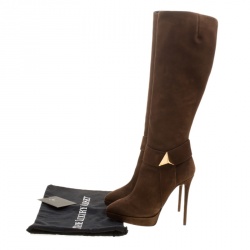 Pre Owned Giuseppe Zanotti Brown Suede Pyramid Stud Platform Knee Boots Size 37