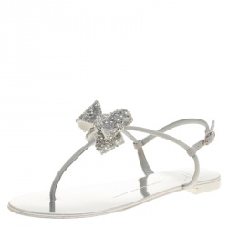 Pre Owned Giuseppe Zanotti Grey Suede Rock Crystal Embellished Bow Flat Thong Sandals Size 37.5