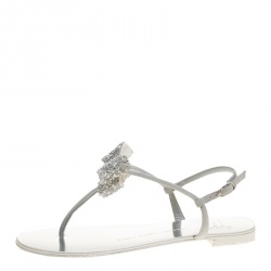 Pre Owned Giuseppe Zanotti Grey Suede Rock Crystal Embellished Bow Flat Thong Sandals Size 37.5