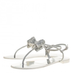 Pre Owned Giuseppe Zanotti Grey Suede Rock Crystal Embellished Bow Flat Thong Sandals Size 37.5