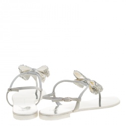 Pre Owned Giuseppe Zanotti Grey Suede Rock Crystal Embellished Bow Flat Thong Sandals Size 37.5