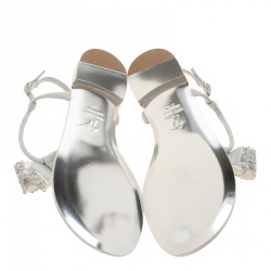 Pre Owned Giuseppe Zanotti Grey Suede Rock Crystal Embellished Bow Flat Thong Sandals Size 37.5